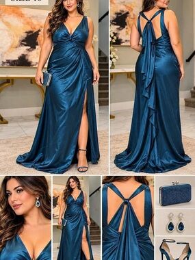 Blue Satin-Style Maxi Dress Size 16 NWT